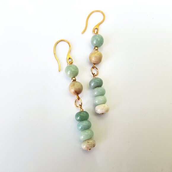 Amazonite Stone Gold French Hook Dangle Earrings Boho Chic Coastal Summer Gifts - Picture 5 of 10